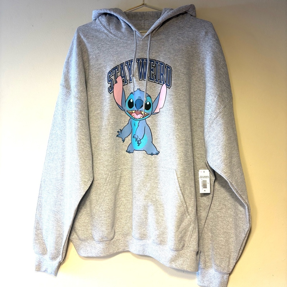 Disney Gray Stitch Graphic Hoodie, Stay Weird, women’s Sz XL, NWT